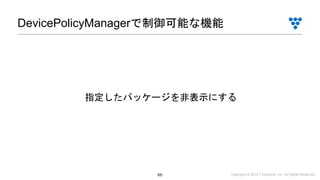 Copyright © 2019 i³ Systems, Inc. All Rights Reserved.65
DevicePolicyManagerで制御可能な機能
指定したパッケージを非表示にする
 