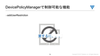 Copyright © 2019 i³ Systems, Inc. All Rights Reserved.75
DevicePolicyManagerで制御可能な機能
■addUserRestriction
要するに、、、
 