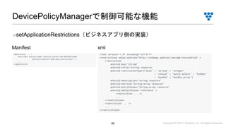 Copyright © 2019 i³ Systems, Inc. All Rights Reserved.80
DevicePolicyManagerで制御可能な機能
■setApplicationRestrictions（ビジネスアプリ側の実装）
Manifest xml
 