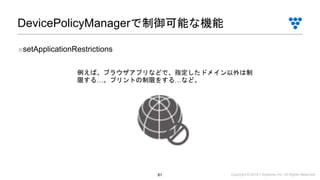Copyright © 2019 i³ Systems, Inc. All Rights Reserved.81
DevicePolicyManagerで制御可能な機能
■setApplicationRestrictions
例えば、ブラウザアプリなどで、指定したドメイン以外は制
限する…。プリントの制限をする…など。
 