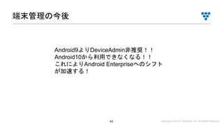 Copyright © 2019 i³ Systems, Inc. All Rights Reserved.83
端末管理の今後
Android9よりDeviceAdmin非推奨！！
Android10から利用できなくなる！！
これによりAndroid Enterpriseへのシフト
が加速する！
 