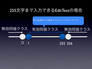 255文字まで入力できるEditTextの場合

           同じ処理をする値をクラスとしてグルーピング



無効同値クラス    有効同値クラス       無効同値クラス


     ０ 1               255 256
 