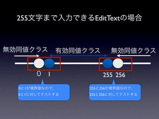 255文字まで入力できるEditTextの場合



無効同値クラス      有効同値クラス     無効同値クラス


       ０ 1             255 256
  0と1が境界値なので、     255と256が境界値なので、
  0と1に対してテストする    255と256に対してテストする
 