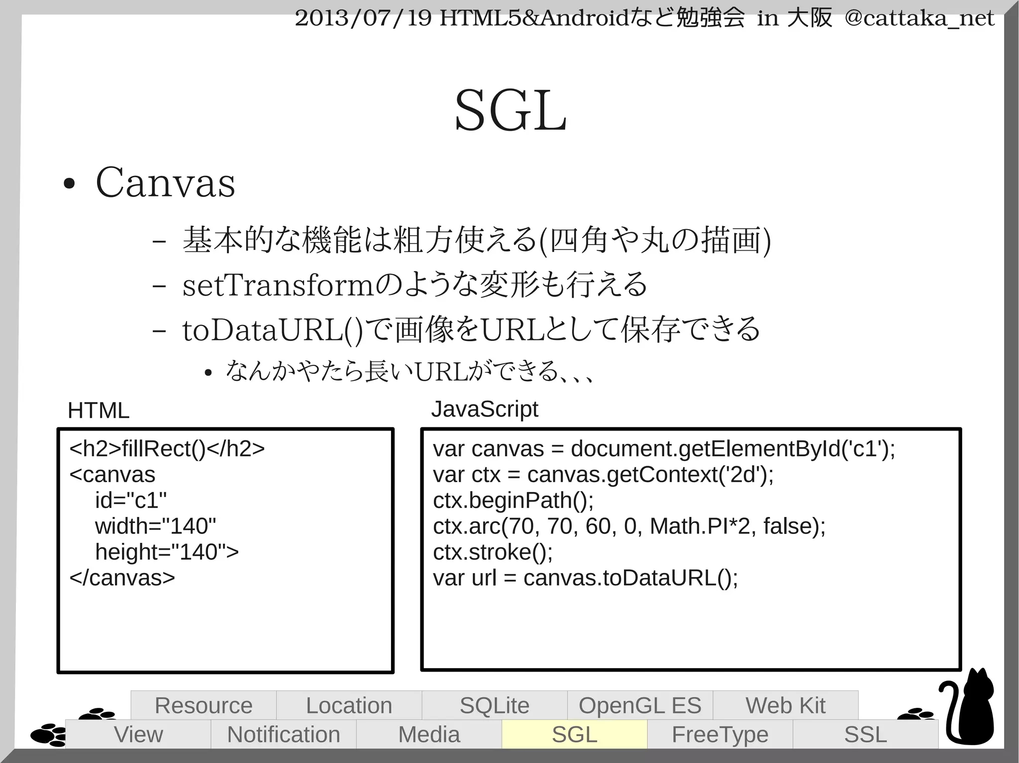 2013/07/19 HTML5&Androidなど勉強会 in 大阪 @cattaka_net
SGL
● Canvas
– 基本的な機能は粗方使える(四角や丸の描画)
– setTransformのような変形も行える
– toDataURL()で画像をURLとして保存できる
● なんかやたら長いURLができる、、、
var canvas = document.getElementById('c1');
var ctx = canvas.getContext('2d');
ctx.beginPath();
ctx.arc(70, 70, 60, 0, Math.PI*2, false);
ctx.stroke();
var url = canvas.toDataURL();
<h2>fillRect()</h2>
<canvas
id="c1"
width="140"
height="140">
</canvas>
HTML JavaScript
View
Resource
Notification
Location
Media
SQLite
SGL
OpenGL ES
FreeType
Web Kit
SSL
 
