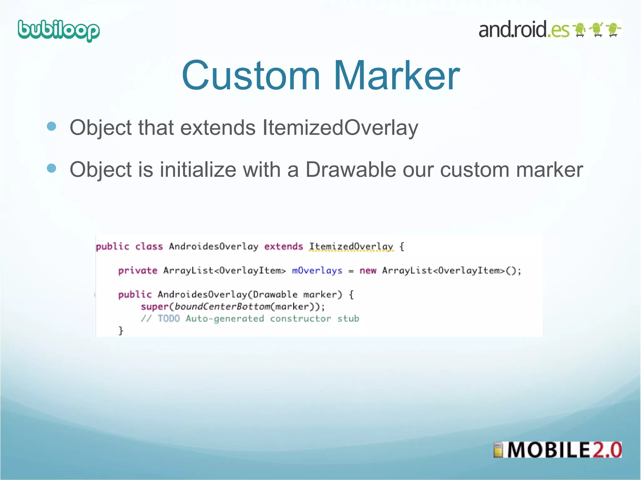 Custom Marker Object that extends ItemizedOverlay Object is initialize with a Drawable our custom marker 