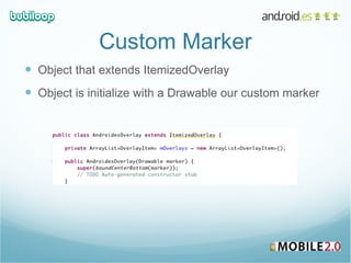 Custom Marker Object that extends ItemizedOverlay Object is initialize with a Drawable our custom marker 