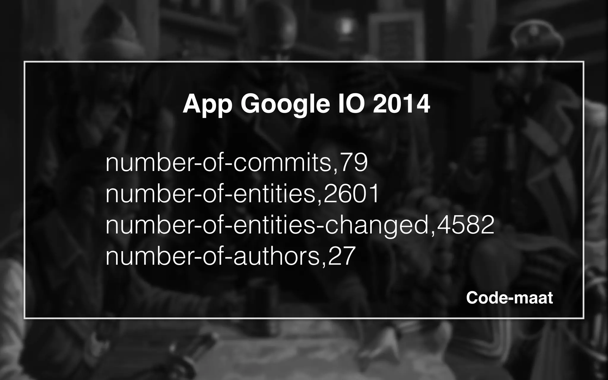 number-of-commits,79
number-of-entities,2601
number-of-entities-changed,4582
number-of-authors,27
App Google IO 2014
Code-maat
 