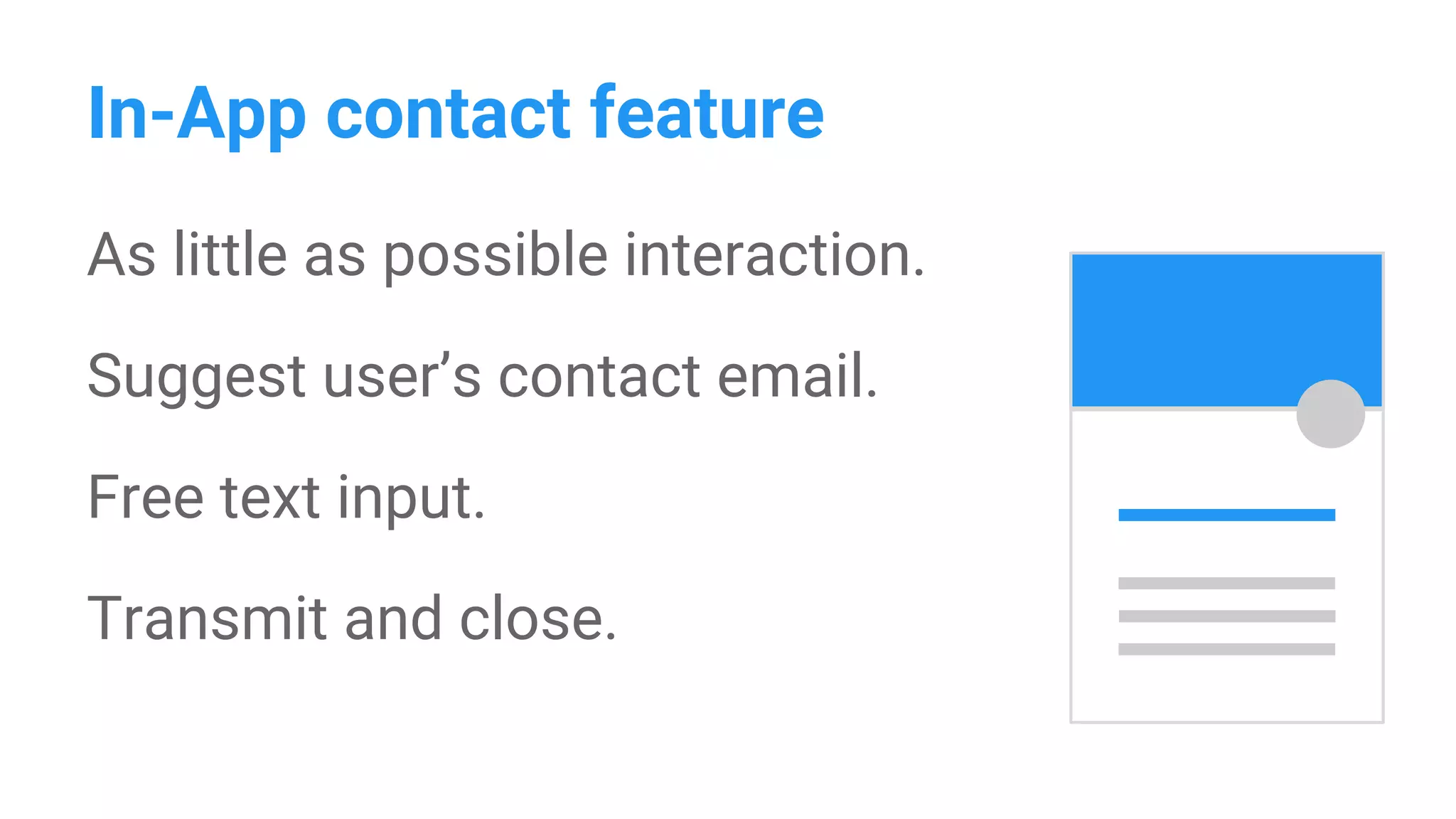 In-App contact feature
As little as possible interaction.
Suggest user’s contact email.
Free text input.
Transmit and close.