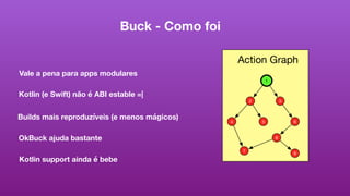 Buck - Como foi
Vale a pena para apps modulares
Kotlin (e Swift) não é ABI estable =|
Builds mais reproduzíveis (e menos mágicos)
Kotlin support ainda é bebe
OkBuck ajuda bastante
 