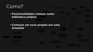 Como?
•Funcionalidades comuns numa
biblioteca própria
•Começar um novo projeto por uma
template
 