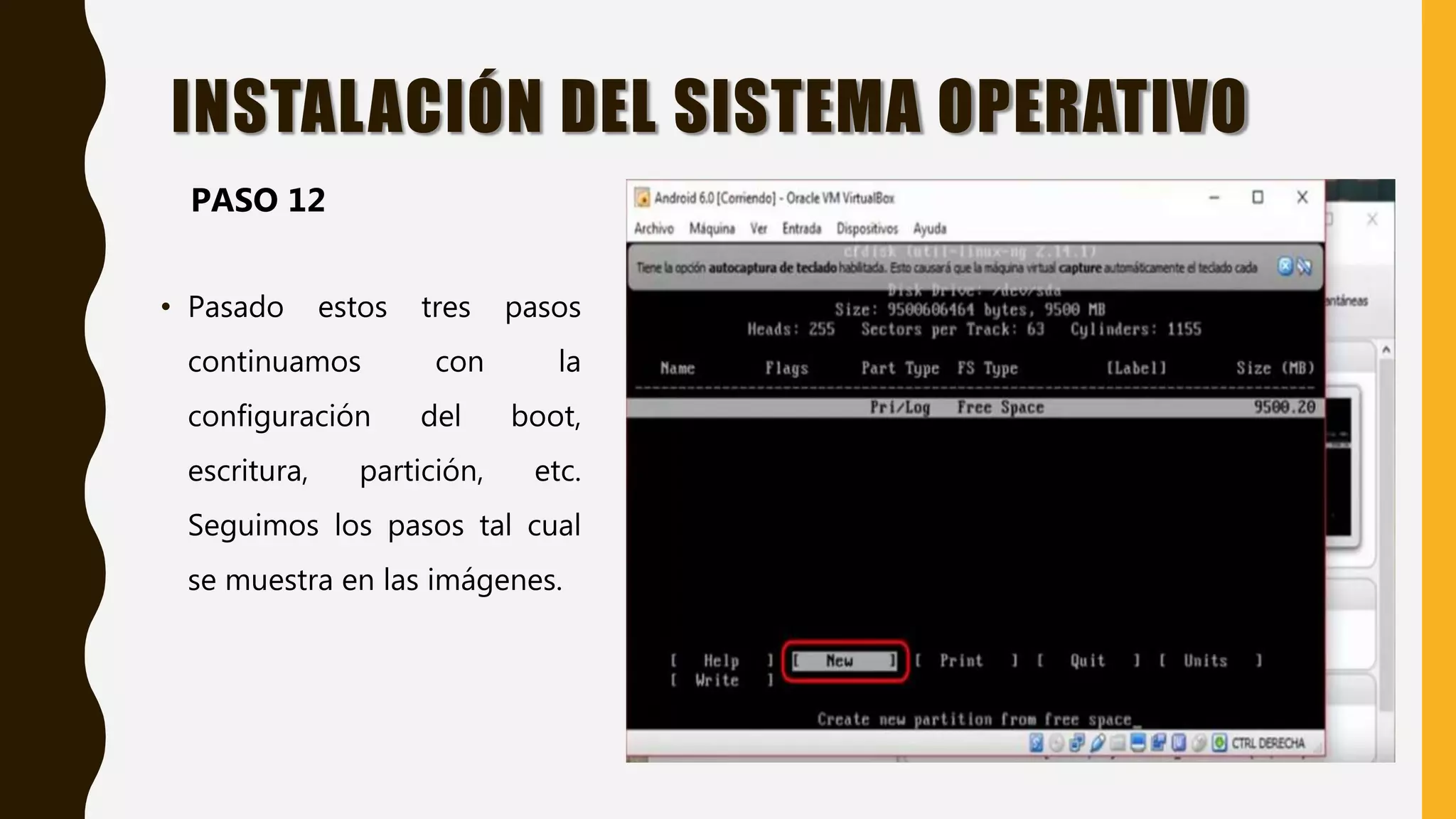 • Pasado estos tres pasos
continuamos con la
configuración del boot,
escritura, partición, etc.
Seguimos los pasos tal cual
se muestra en las imágenes.
INSTALACIÓN DEL SISTEMA OPERATIVO
PASO 12
 