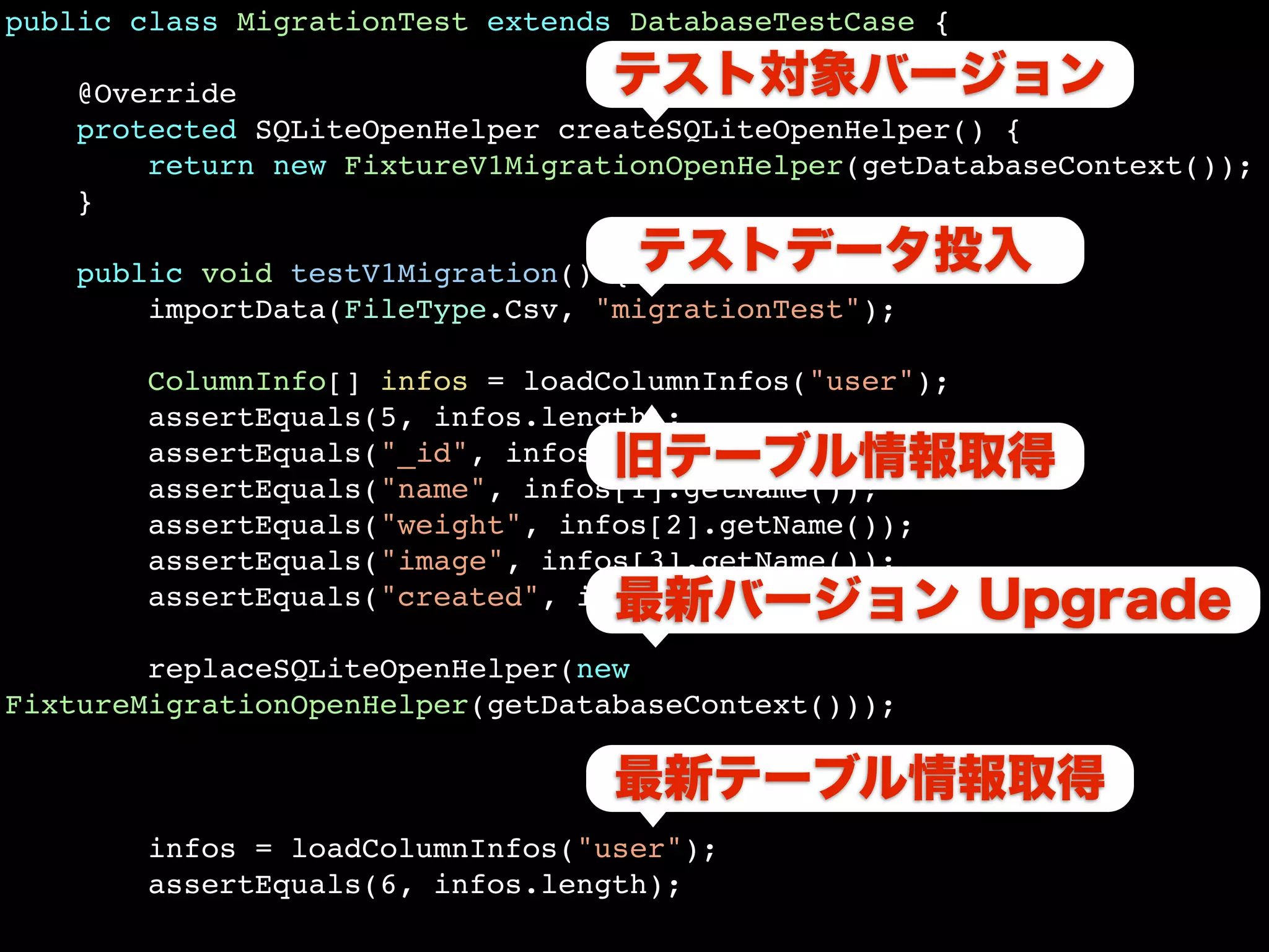 public class MigrationTest extends DatabaseTestCase {

   @Override
   protected SQLiteOpenHelper createSQLiteOpenHelper() {
       return new FixtureV1MigrationOpenHelper(getDatabaseContext());
   }

    public void testV1Migration() {
        importData(FileType.Csv, "migrationTest");

       ColumnInfo[] infos = loadColumnInfos("user");
       assertEquals(5, infos.length);
       assertEquals("_id", infos[0].getName());
       assertEquals("name", infos[1].getName());
       assertEquals("weight", infos[2].getName());
       assertEquals("image", infos[3].getName());
       assertEquals("created", infos[4].getName());

        replaceSQLiteOpenHelper(new
FixtureMigrationOpenHelper(getDatabaseContext()));



       infos = loadColumnInfos("user");
       assertEquals(6, infos.length);
 