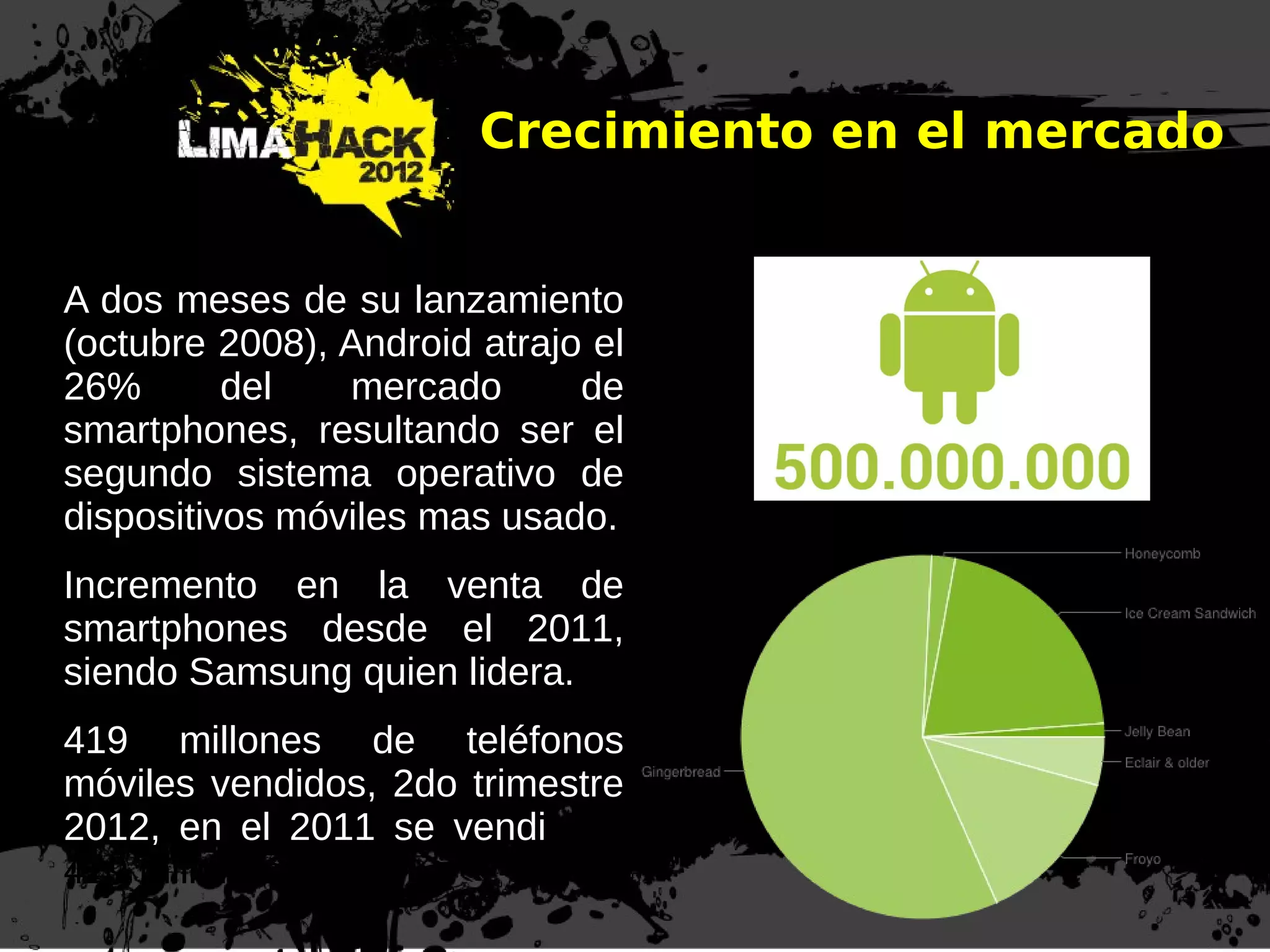 A dos meses de su lanzamiento
(octubre 2008), Android atrajo el
26% del mercado de
smartphones, resultando ser el
segundo sistema operativo de
dispositivos móviles mas usado.
Incremento en la venta de
smartphones desde el 2011,
siendo Samsung quien lidera.
419 millones de teléfonos
móviles vendidos, 2do trimestre
2012, en el 2011 se vendieron
429 millones.
Crecimiento en el mercado
 