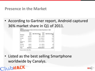 Presence in the Market

• According to Gartner report, Android captured
  36% market share in Q1 of 2011.




• Listed as the best selling Smartphone
  worldwide by Canalys.
                                                  4
 