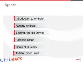 Agenda


     Introduction to Android

     Rooting Android

     Seizing Android Device

     Forensic Steps

     Chain of Custody

     Indian Cyber Laws
 
