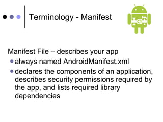 Terminology - Manifest Manifest File – describes your app  always named AndroidManifest.xml  declares the components of an application, describes security permissions required by the app, and lists required library dependencies 