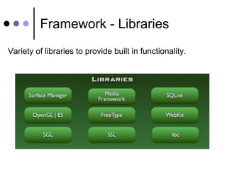 Framework - Libraries Variety of libraries to provide built in functionality. 