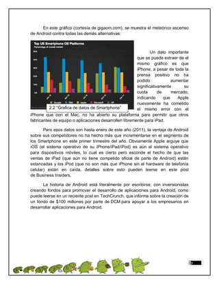 En este gráfico (cortesía de gigaom.com), se muestra el meteórico ascenso
de Android contra todas las demás alternativas:



                                                                Un dato importante
                                                        que se puede extraer de el
                                                        mismo gráfico es que
                                                        iPhone, a pesar de toda la
                                                        prensa positivo no ha
                                                        podido             aumentar
                                                        significativamente       su
                                                        cuota       de     mercado,
                                                        indicando      que    Apple
                                                        nuevamente ha cometido
          2.2 “Grafica de datos de Smartphone”          el mismo error con el
iPhone que con el Mac, no ha abierto su plataforma para permitir que otros
fabricantes de equipo o aplicaciones desarrollen libremente para iPad.

       Pero esos datos son hasta enero de este año (2011), la ventaja de Android
sobre sus competidores no ha hecho más que incrementarse en el segmento de
los Smartphone en este primer trimestre del año. Obviamente Apple arguye que
iOS (el sistema operativo de su iPhone/iPad/iPod) es aún el sistema operativo
para dispositivos móviles, lo cual es cierto pero esconde el hecho de que las
ventas de iPad (que aún no tiene competido oficial de parte de Android) están
estancadas y los iPod (que no son más que iPhone sin el hardware de telefonía
celular) están en caída, detalles sobre esto pueden leerse en este post
de Business Insiders.

      La historia de Android está literalmente por escribirse, con inversionistas
creando fondos para promover el desarrollo de aplicaciones para Android, como
puede leerse en un reciente post en TechCrunch, que informa sobre la creación de
un fondo de $100 millones por parte de DCM para apoyar a los empresarios en
desarrollar aplicaciones para Android.




                                                                                      7
 