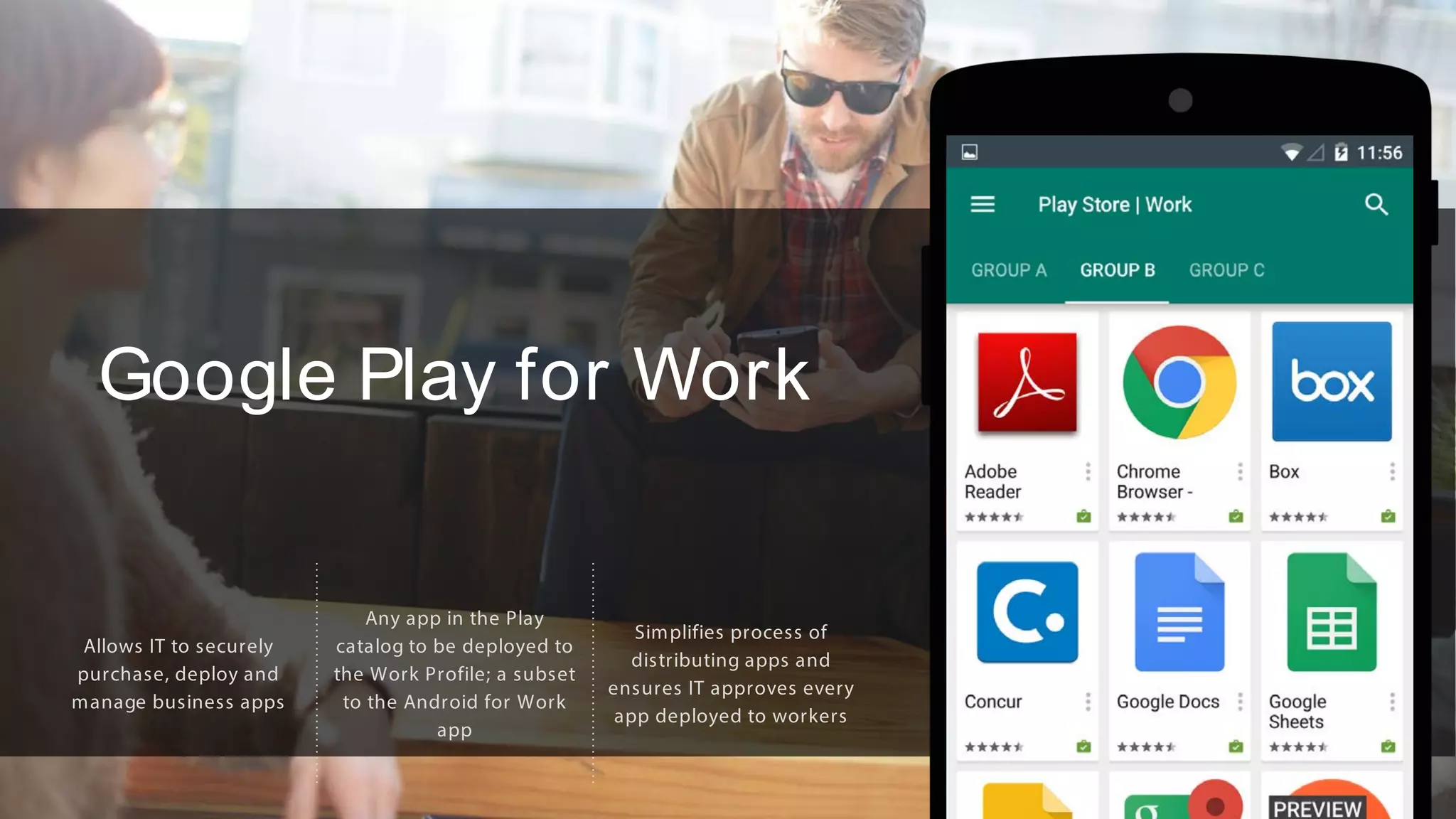 Google Play for Work
Allows IT to securely
purchase, deploy and
manage business apps
Any app in the Play
catalog to be deployed to
the Work Profile; a subset
to the Android for Work
app
Simplifies process of
distributing apps and
ensures IT approves every
app deployed to workers
 