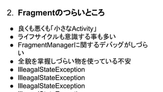 2. Fragment䛾䛴䜙䛔䛸䛣䜝 
● Ⰻ䛟䜒ᝏ䛟䜒䛂ᑠ䛥䛺Activity䛃 
● 䝷䜲䝣䝃䜲䜽䝹䜒ព㆑䛩䜛஦䜒ከ䛔 
● FragmentManager䛻㛵䛩䜛䝕䝞䝑䜾䛜䛧䛵䜙 
䛔 
● ඲ㇺ䜢ᤸᥱ䛧䛵䜙䛔≀䜢౑䛳䛶䛔䜛୙Ᏻ 
● IlleagalStateException 
● IlleagalStateException 
● IlleagalStateException 
 