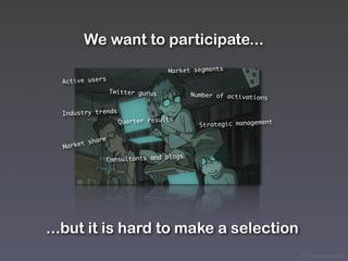 We want to participate...
                                   Market segments
  Active users
                  Twitter gurus
                                           Number of activation
                                                                s

  Industry trends
                     Quarter results                            nt
                                             Strategic manageme

        t share
  Marke
                                     ogs
                  Consultants and bl




...but it is hard to make a selection
                                                                     © Victor Arroyo 2011
 