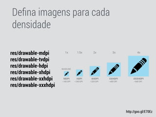 Deﬁna imagens para cada
densidade
res/drawable-mdpi
res/drawable-tvdpi 
res/drawable-hdpi
res/drawable-xhdpi
res/drawable-xxhdpi
res/drawable-xxxhdpi
http://goo.gl/E70Ez
 