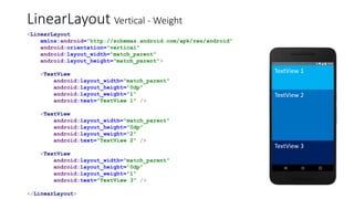 LinearLayout Vertical - Weight
<LinearLayout
xmlns:android="http://schemas.android.com/apk/res/android"
android:orientation="vertical"
android:layout_width="match_parent"
android:layout_height="match_parent">
<TextView
android:layout_width="match_parent"
android:layout_height="0dp"
android:layout_weight="1"
android:text="TextView 1" />
<TextView
android:layout_width="match_parent"
android:layout_height="0dp"
android:layout_weight="2"
android:text="TextView 2" />
<TextView
android:layout_width="match_parent"
android:layout_height="0dp"
android:layout_weight="1"
android:text="TextView 3" />
</LinearLayout>
TextView 1
TextView 2
TextView 3
 