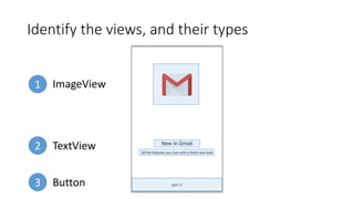 Identify the views, and their types
1
2
3
ImageView
TextView
Button
 