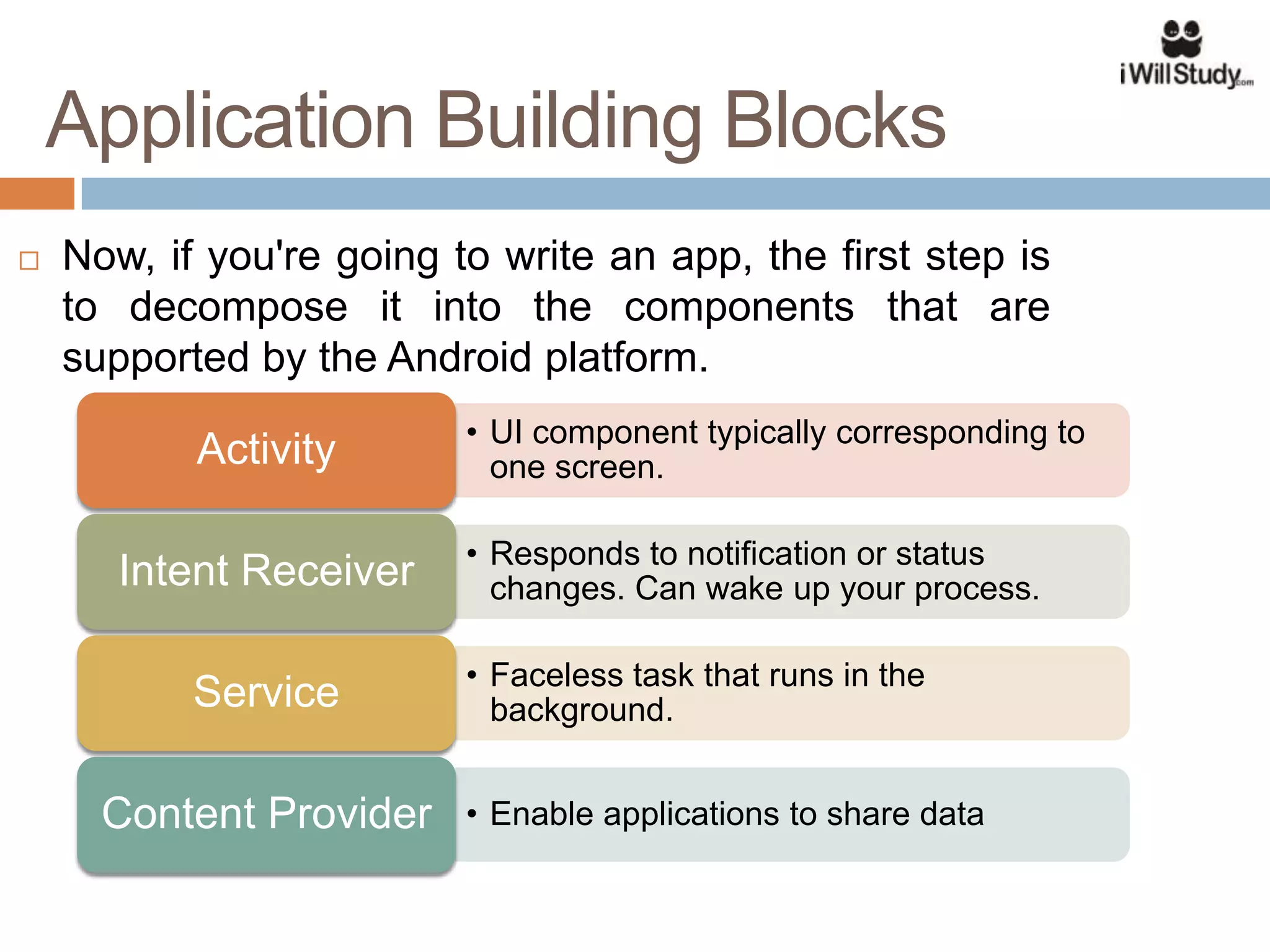 Application Building Blocks
   Now, if you're going to write an app, the first step is
    to decompose it into the components that are
    supported by the Android platform.
                          • UI component typically corresponding to
           Activity         one screen.

                          • Responds to notification or status
       Intent Receiver      changes. Can wake up your process.

                          • Faceless task that runs in the
           Service          background.


      Content Provider    • Enable applications to share data
 