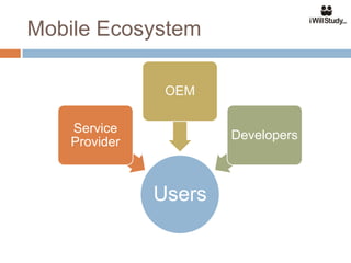 Mobile Ecosystem

                OEM

    Service
                       Developers
    Provider



               Users
 