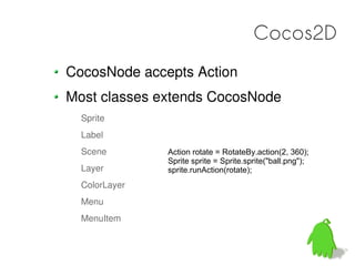 Cocos2D
CocosNode accepts Action
Most classes extends CocosNode
  Sprite
  Label
  Scene        Action rotate = RotateBy.action(2, 360);
               Sprite sprite = Sprite.sprite("ball.png");
  Layer        sprite.runAction(rotate);
  ColorLayer
  Menu
  MenuItem
 