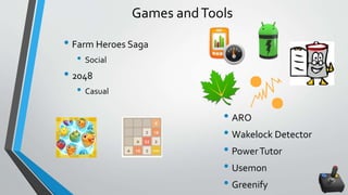 Games andTools
• Farm Heroes Saga
• Social
• 2048
• Casual
• ARO
• Wakelock Detector
• PowerTutor
• Usemon
• Greenify
 