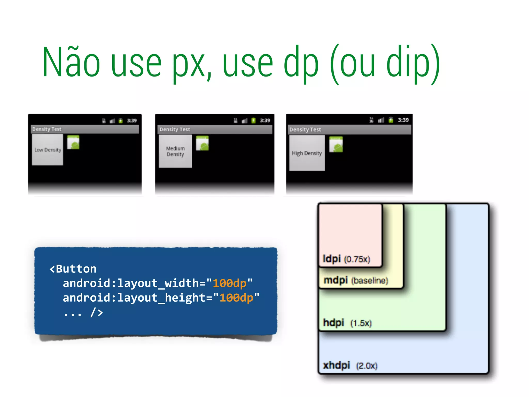 !
	
  	
  <Button	
  
	
  	
  	
  	
  android:layout_width="100px"	
  
	
  	
  	
  	
  android:layout_height="100px"	
  
	
  	
  	
  	
  ...	
  />	
  
Não use px, use dp (ou dip)
!
	
  	
  <Button	
  
	
  	
  	
  	
  android:layout_width="100dp"	
  
	
  	
  	
  	
  android:layout_height="100dp"	
  
	
  	
  	
  	
  ...	
  />	
  
 