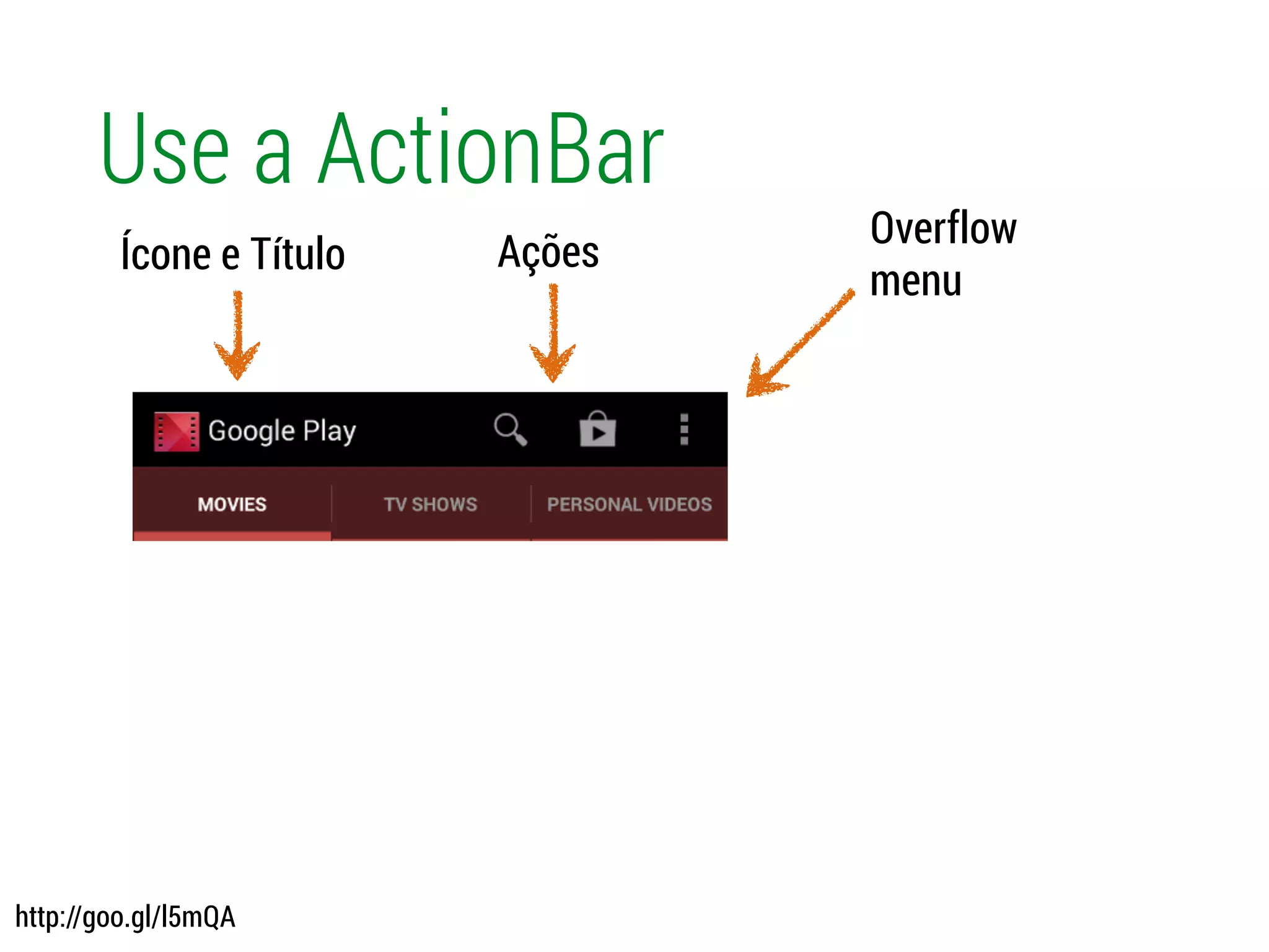 Use a ActionBar
Ícone e Título Ações
Overflow
menu
http://goo.gl/l5mQA
 