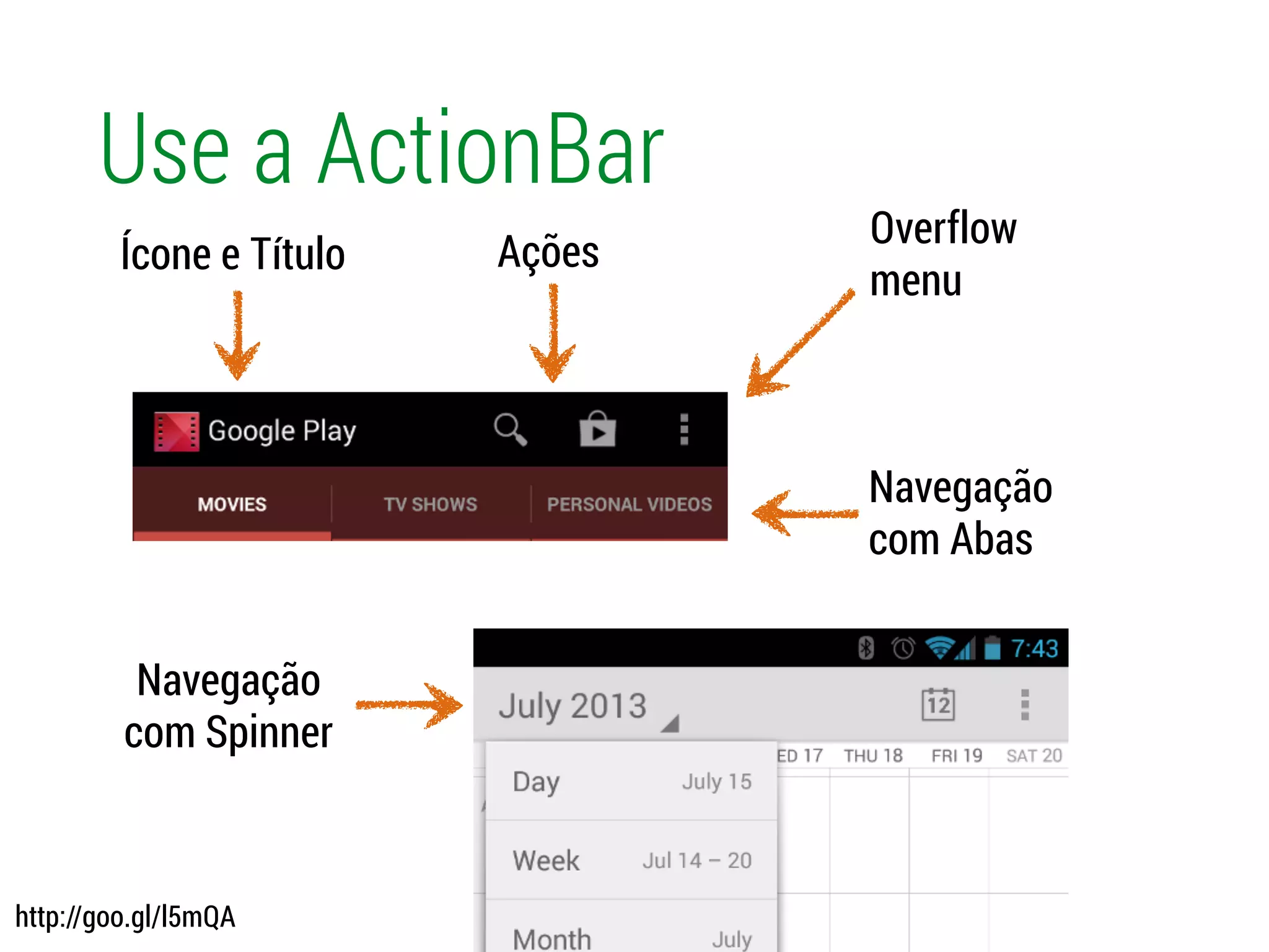 Use a ActionBar
Ícone e Título Ações
Navegação
com Abas
Navegação
com Spinner
Overflow
menu
http://goo.gl/l5mQA
 
