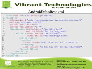 1 <?xml version="1.0" encoding="utf-8"?>
2 <manifest
3 xmlns:android="http://schemas.android.com/apk/res/android"
4 package="edu.upenn.cis542"
5 android:versionCode="1"
6 android:versionName="1.0">
7 <application android:icon="@drawable/icon"
8 android:label="@string/app_name">
9 <activity android:name=".HelloAndroid"
10 android:label="@string/app_name">
11 <intent-filter>
12 <action
13 android:name="android.intent.action.MAIN" />
14 <category
15 android:name="android.intent.category.LAUNCHER"/>
16 </intent-filter>
17 </activity>
18 </application>
19 </manifest>
AndroidManifest.xmlAndroidManifest.xml
 
