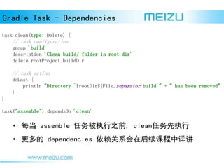 Gradle Task - Dependencies
? ÿ assemble ִ֮ǰ, cleanִ
?  dependencies ϵںγ꽲
task clean(type: Delete) {
// task configuration
group 'build'
description 'Clean build/ folder in root dir'
delete rootProject.buildDir
// task action
doLast {
println "Directory `$rootDir${File.separator}build`" + " has been removed"
}
}
task("assemble").dependsOn 'clean'
 