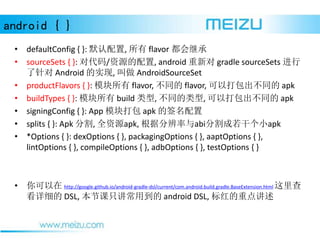 android { }
? defaultConfig { }: Ĭ,  flavor ̳
? sourceSets { }: Դ/Դ, android ¶ gradle sourceSets 
 Android ʵ,  AndroidSourceSet
? productFlavors { }: ģ flavor, ͬ flavor, Դͬ apk
? buildTypes { }: ģ build , ͬ, Դͬ apk
? signingConfig { }: App ģ apk ǩ
? splits { }: Apk ָ, ȫԴapk, ݷֱabiָɸСapk
? *Options { }: dexOptions { }, packagingOptions { }, aaptOptions { },
lintOptions { }, compileOptions { }, adbOptions { }, testOptions { }
?  http://google.github.io/android-gradle-dsl/current/com.android.build.gradle.BaseExtension.html 
ϸ DSL, ڿֻõ android DSL, ص㽲
 