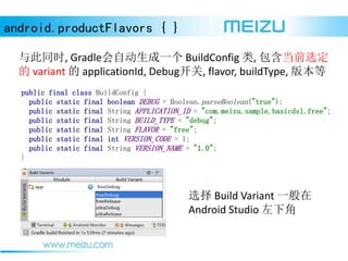 android.productFlavors { }
ͬʱ, GradleԶһ BuildConfig , ǰѡ
 variant  applicationId, Debug, flavor, buildType, 汾
public final class BuildConfig {
public static final boolean DEBUG = Boolean.parseBoolean("true");
public static final String APPLICATION_ID = "com.meizu.sample.basicdsl.free";
public static final String BUILD_TYPE = "debug";
public static final String FLAVOR = "free";
public static final int VERSION_CODE = 1;
public static final String VERSION_NAME = "1.0";
}
ѡ Build Variant һ
Android Studio ½
 