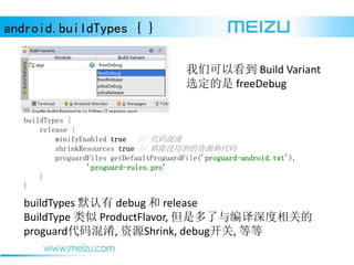 android.buildTypes { }
ǿԿ Build Variant
ѡ freeDebug
buildTypes Ĭ debug  release
BuildType  ProductFlavor, Ƕص
proguard, ԴShrink, debug, ȵ
buildTypes {
release {
minifyEnabled true // 
shrinkResources true // ƳûõԴʹ
proguardFiles getDefaultProguardFile('proguard-android.txt'),
'proguard-rules.pro'
}
}
 