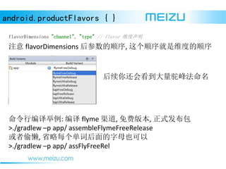 android.productFlavors { }
ע flavorDimensions ˳, ˳άȵ˳
flavorDimensions "channel", "type" // flavor ά
б:  flyme , Ѱ汾, ʽ
>./gradlew Cp app/ assembleFlymeFreeRelease
͵, ʡÿʺĸҲ
>./gradlew Cp app/ assFlyFreeRel
㻹ῴշ巨
 