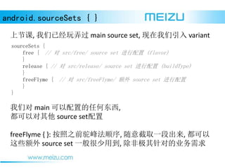 android.sourceSets { }
Ͻڿ, ѾŪ main source set,  variant
sourceSets {
free { //  src/free/ source set  (flavor)
}
release { //  src/release/ source set  (buildType)
}
freeFlyme { //  src/freeFlyme/  source set 
}
}
Ƕ main õκζ,
Զ source set
freeFlyme { }: ֮ǰշ巨˳, ȡһγ, 
Щ source set һõ, ǼԵҵ
 