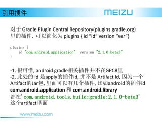 ò
-1. ܿϧ, android gradleزGPCR
-2. ˴ id applyĲid,  Artifact Id, Ϊһ
ArtifactJar, м, androidĲid
com.android.application  com.android.library
'com.android.tools.build:gradle:2.1.0-beta3'
artifact
plugins {
id "com.android.application" version "2.1.0-beta3"
}
 Gradle Plugin Central Repository(plugins.gradle.org)
Ĳ, ԼΪ plugins { id Id version ver}
 