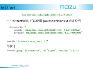 Artifact
'com.android.tools.build:gradle:2.1.0-beta3'
dependencies {
compile 'com.meizu.cloud.pushsdk:internal:3.0.3-beta@aar'
proguard 'com.meizu.cloud.pushsdk:internal:3.0.3-beta@pro'
...
compile 'io.reactivex:rxjava:1.1.3'
compile(group:'io.reactivex', id: 'rxjava', version: '1.1.3')
һArtifact, ʹ group:id:version:ext λ
ȼ
 