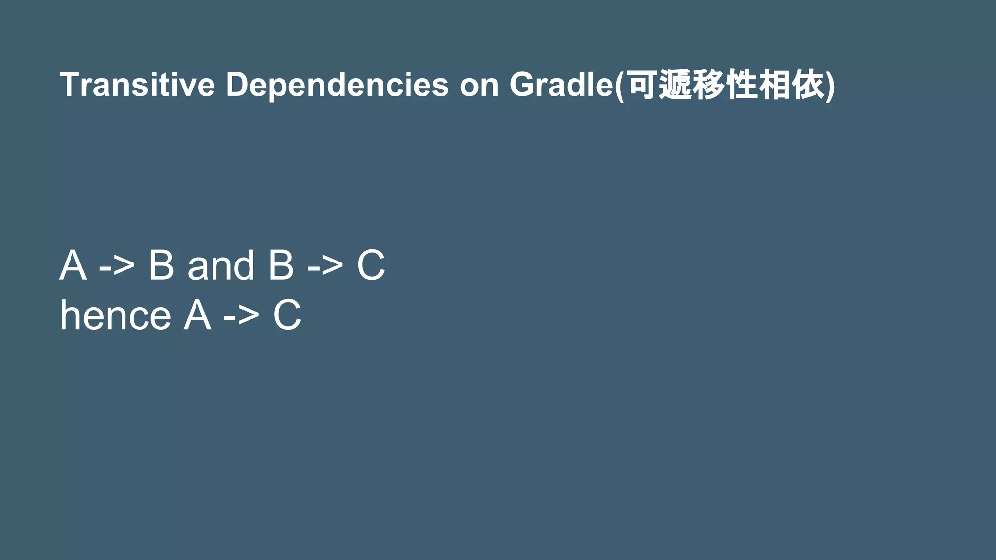 Transitive Dependencies on Gradle(可遞移性相依)
A -> B and B -> C
hence A -> C
 