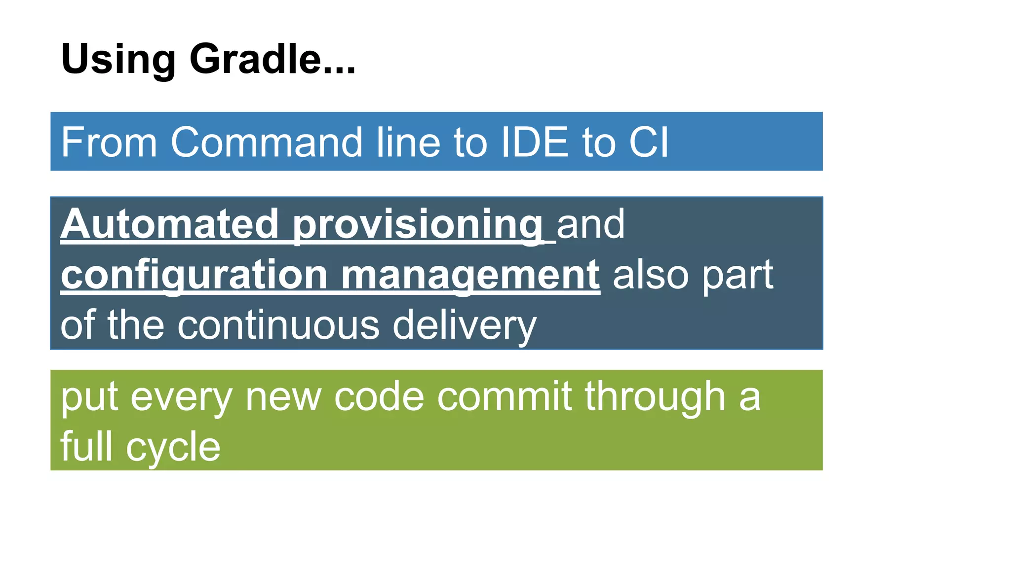 Using Gradle...
put every new code commit through a
full cycle
Automated provisioning and
configuration management also part
of the continuous delivery
From Command line to IDE to CI
 