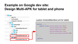 <manifest ... >
<supports-screens android:smallScreens="false"
android:normalScreens="false"
android:largeScreens="true"
android:xlargeScreens="true"
android:requiresSmallestWidthDp="600"
/>
...
</manifest>
custom AndroidManifest.xml for tablet
Example on Google dev site:
Design Multi-APK for tablet and phone
 