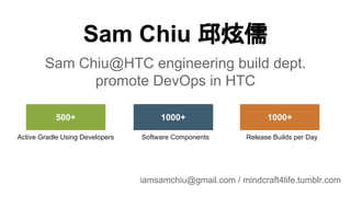 Sam Chiu 邱炫儒
Sam Chiu@HTC engineering build dept.
promote DevOps in HTC
iamsamchiu@gmail.com / mindcraft4life.tumblr.com
Active Gradle Using Developers
500+
Software Components
1000+
Release Builds per Day
1000+
 