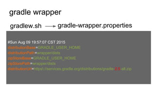gradlew.sh
gradle wrapper
#Sun Aug 09 19:57:07 CST 2015
distributionBase=GRADLE_USER_HOME
distributionPath=wrapper/dists
zipStoreBase=GRADLE_USER_HOME
zipStorePath=wrapper/dists
distributionUrl=https://services.gradle.org/distributions/gradle-2.5-all.zip
gradle-wrapper.properties
 
