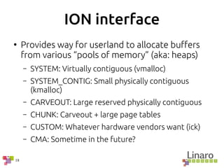 18
ION interface
●
Provides way for userland to allocate buffers
from various “pools of memory” (aka: heaps)
– SYSTEM: Virtually contiguous (vmalloc)
– SYSTEM_CONTIG: Small physically contiguous
(kmalloc)
– CARVEOUT: Large reserved physically contiguous
– CHUNK: Carveout + large page tables
– CUSTOM: Whatever hardware vendors want (ick)
– CMA: Sometime in the future?
 